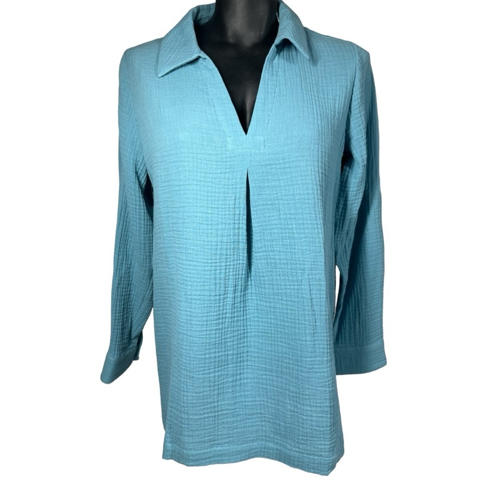 Soft Surroundings Top Women's Small Petite Biscayne Gauze Blue Shirt NWOT 3CC32
